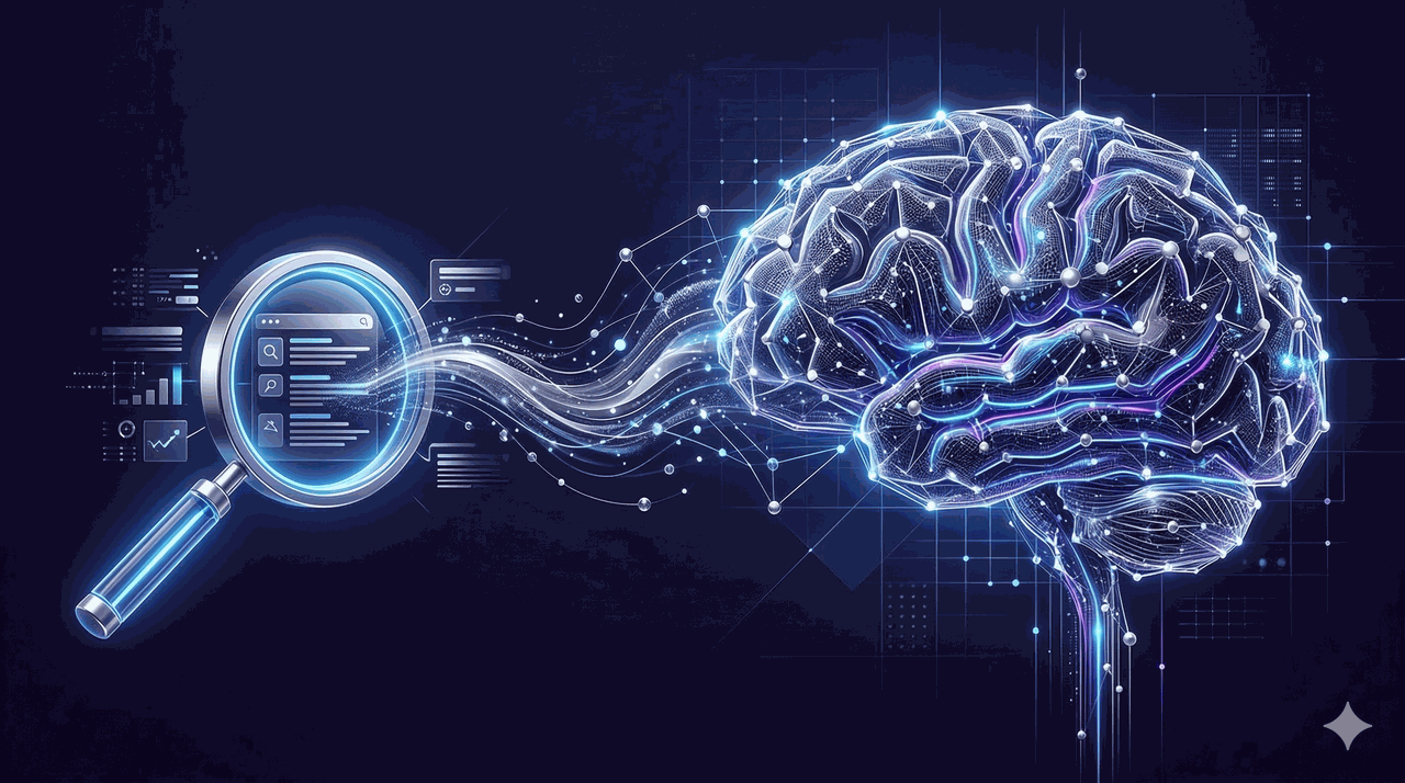 전통적인 SEO에서 AI 기반 GEO로 변화하는 검색 시장 패러다임을 표현한 3D 추상 일러스트