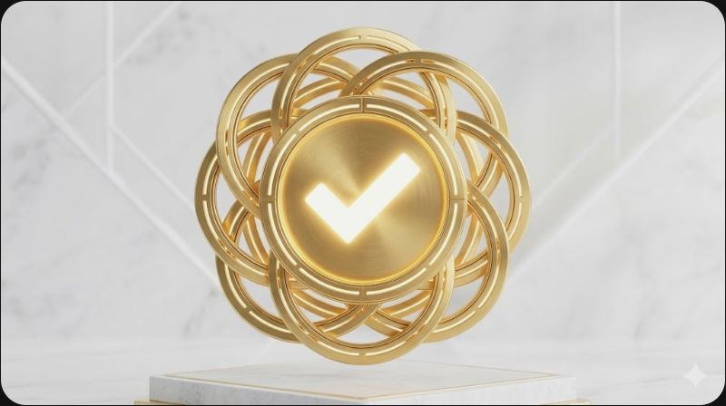 アドセンス承認戦略を象徴する公式証明書と合格スタンプ中心のプレミアム3Dイラスト