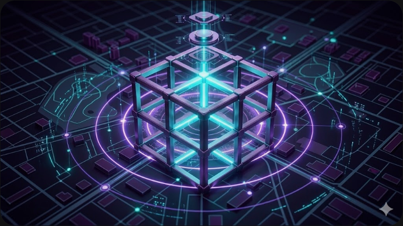 마이크로 니치 권위자 구축 전략을 상징하는 단일 조명 속 기하학적 수정 중심의 프리미엄 3D 일러스트