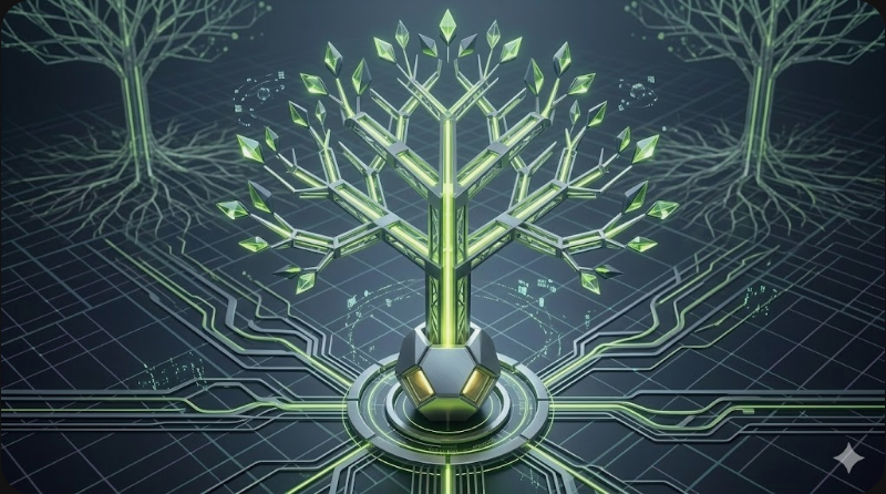 ニッチ市場での生存と希望を象徴する、デジタル床を突き抜けて出てくる発光する新芽中心のプレミアム3Dイラスト