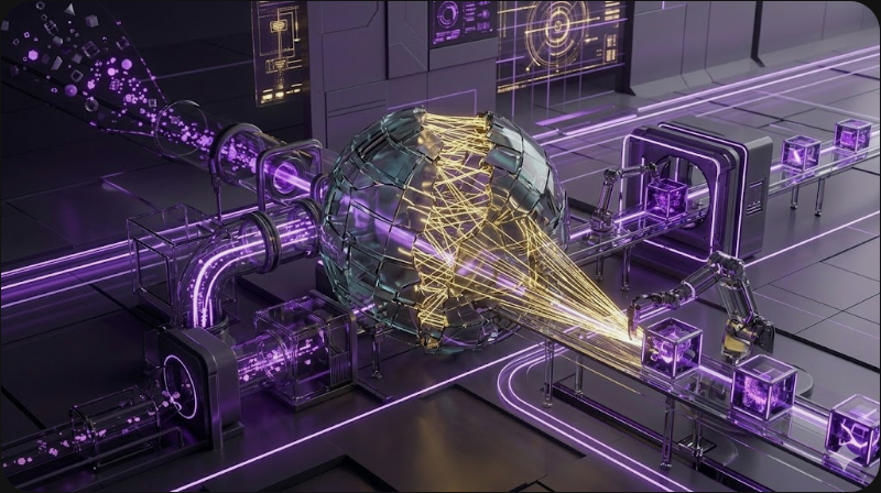 API 연동을 통한 시스템 자동화를 형상화한 프리미엄 3D 일러스트